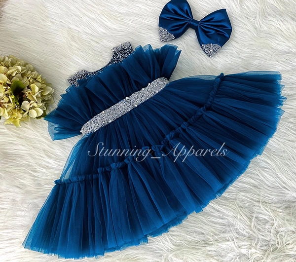 Designer Neckline Hand Work Ruffled Teal Blue Dress 