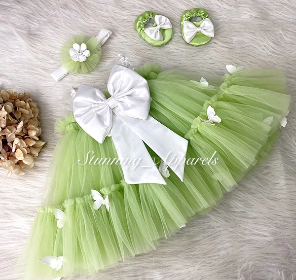 White Butterfly Wirk Pista Green Umbrella Dress 