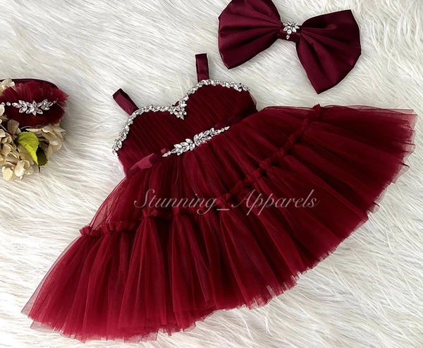 Designer Stone Work Ruffled Maroon Dress 