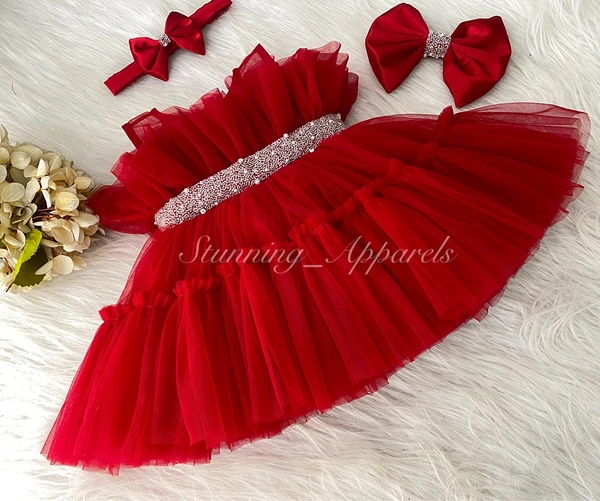 Designer Hand Work Ruffled Red Dress 