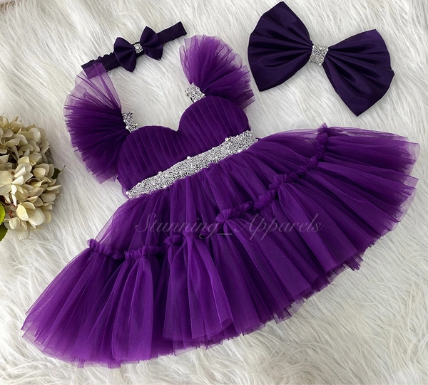 Designer Ruffled Sleeves Hand Work Purple Dress 