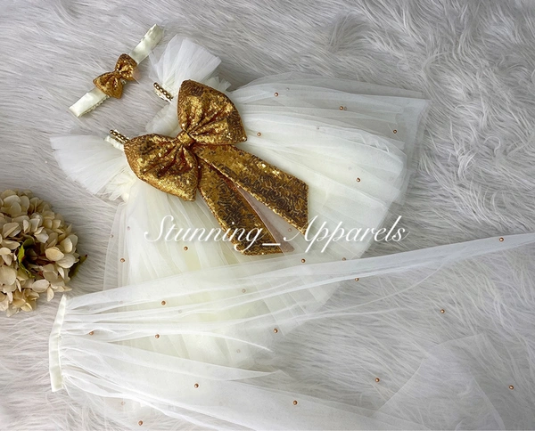 Golden Sequins Bow Cream Umbrella With Tail 