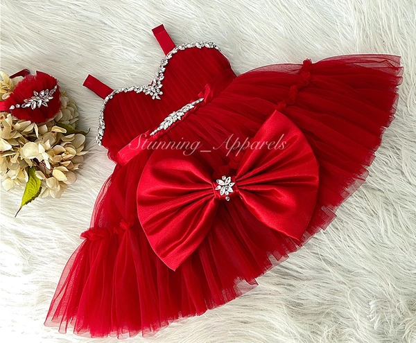 Designer Stone Hand Work Ruffled Red Dress 