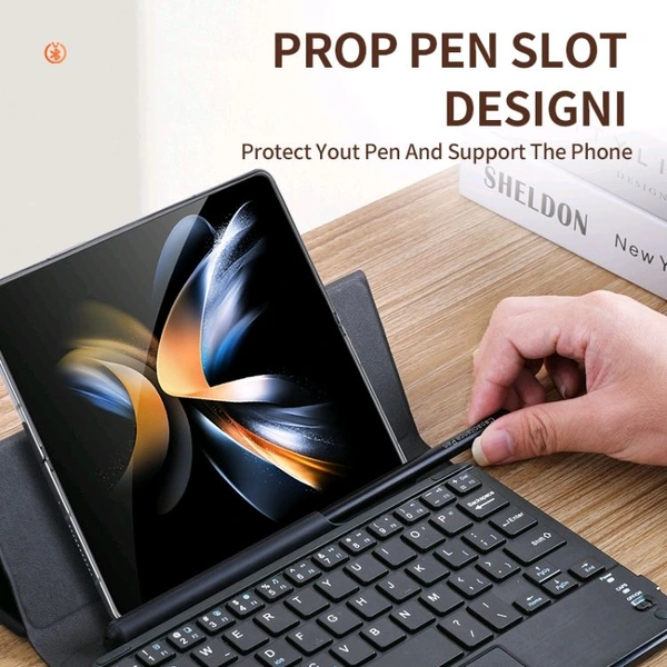 Samsung Galaxy Z Fold 4, Z Fold 3 Luxary Magnetic Folding Bluetooth Keyboard Leather Flip Case with Touch Keypad - Black