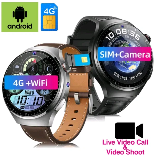 B14A Android 4G Sim Smart Watch Waterproof Dust proof Front Camera Smart Watch 32GB Inbuilt Storage - Brown Leather Strap (32 GB)