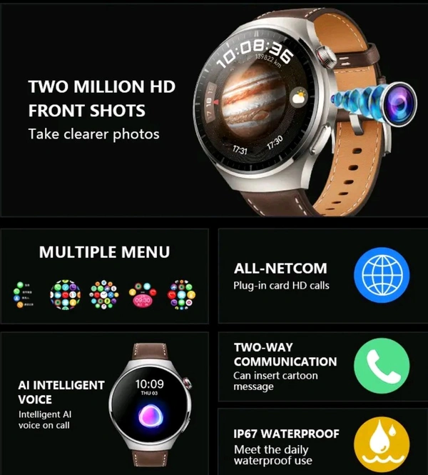B14A Android 4G Sim Smart Watch Waterproof Dust proof Front Camera Smart Watch 32GB Inbuilt Storage - Brown Leather Strap (32 GB)
