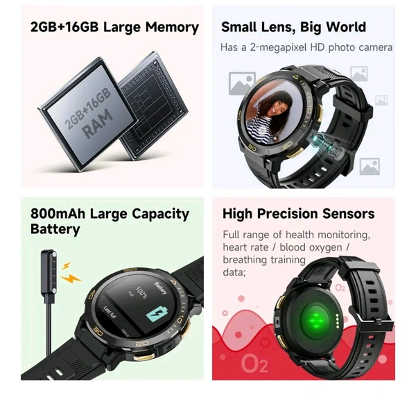Z1 Rugged Hybrid Quality Android 4G Sim Card Slot Smart Watch IP68 Waterproof With Titanium Bezel Single Camera- Indian 4G Network Support (2GB RAM 16GB ROM) - BLACK, ✈️📦Will Be Delivered In 12 Days