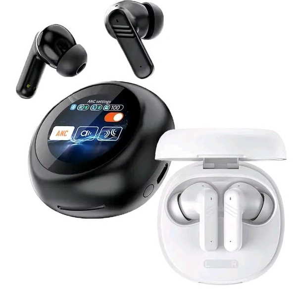 Round Hi-Fi LX30 Round Hi-Fi LX-30 Wireless Bluetooth Earphone With Full Colour Intelligent Touch Display, 30 Hours Playtime, New Bluetooth 5.4 Technology (Black / White) - WHITE