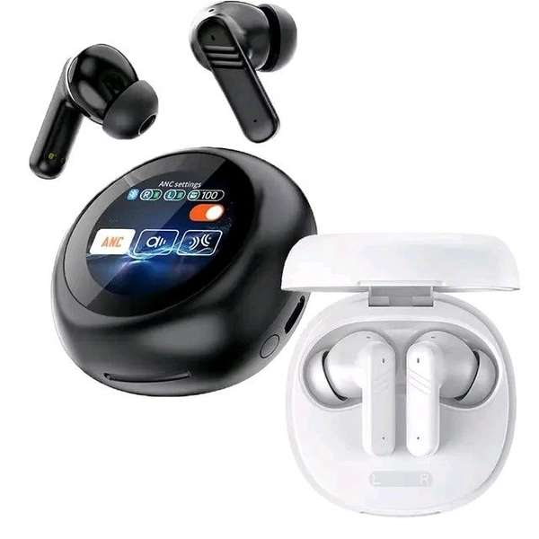 Round Hi-Fi LX30 Round Hi-Fi LX-30 Wireless Bluetooth Earphone With Full Colour Intelligent Touch Display, 30 Hours Playtime, New Bluetooth 5.4 Technology (Black / White) - BLACK