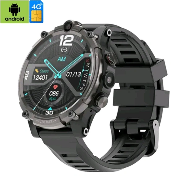V20 MAX 1.6 inch WiFi 4G SIM Card Dual Camera 900mAh Battery Smart Watch (Black Silicon) (India 4G Network Support) - 4GB - 128GB, Black