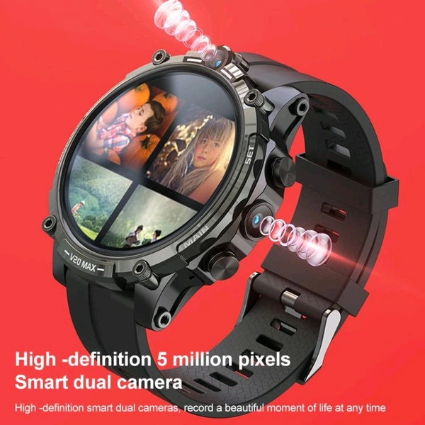 V20 MAX 1.6 inch WiFi 4G SIM Card Dual Camera 900mAh Battery Smart Watch (Black Silicon) (India 4G Network Support) - 4GB - 128GB, Black