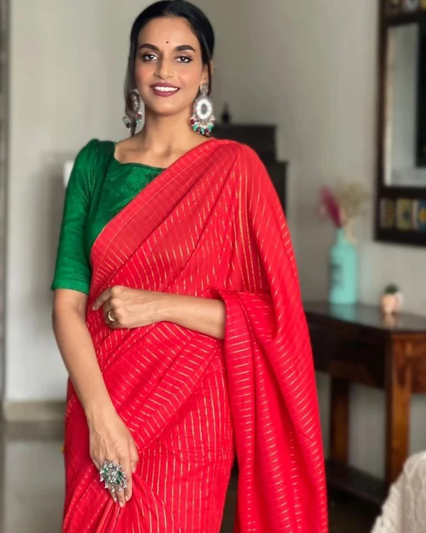 RangDhaaga Red Zari Lining Saree - Free