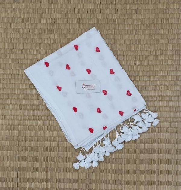 RangDhaaga White Mul Cotton Heart Embroidery Saree - Free