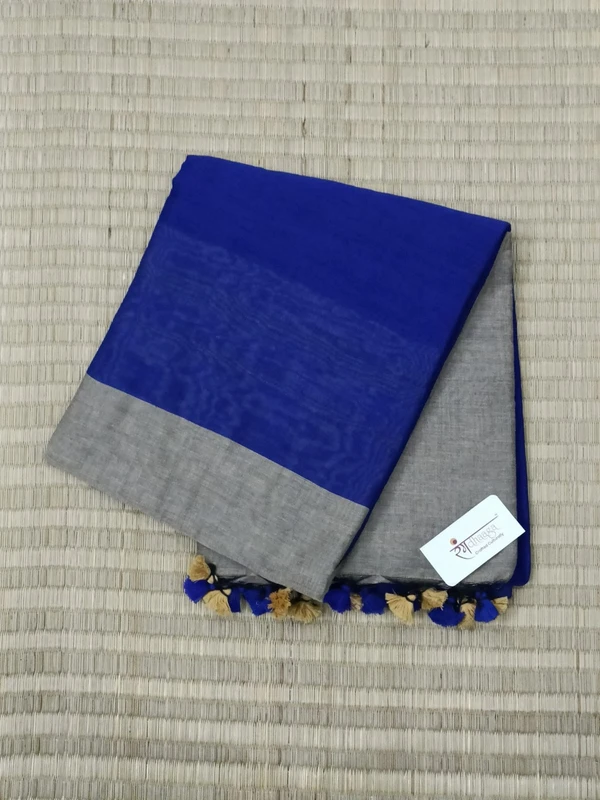 RangDhaaga Royal Blue Hand Woven Pure Khadi Dual Colour Pompom Saree - Free