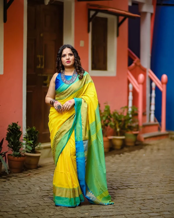 RangDhaaga Yellow Temple Border Khadi Cotton Saree With Contrast Pallu - Free