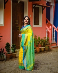 RangDhaaga Yellow Temple Border Khadi Cotton Saree With Contrast Pallu - Free