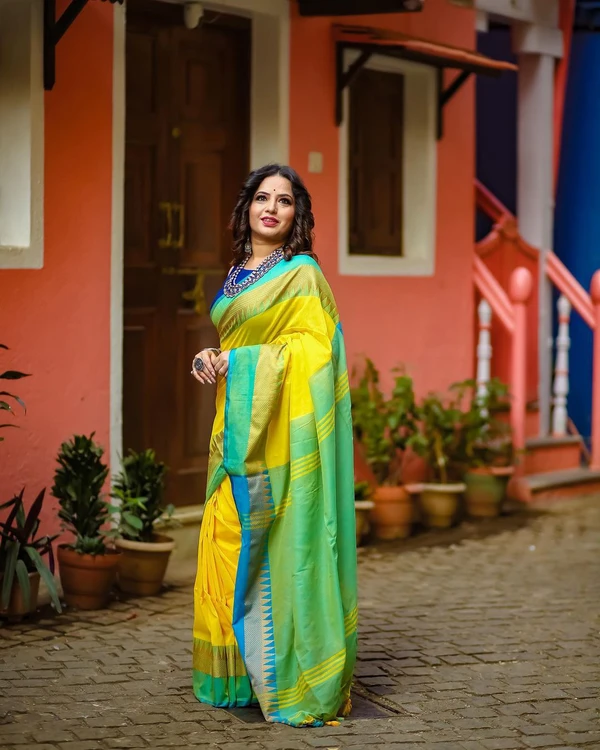 RangDhaaga Yellow Temple Border Khadi Cotton Saree With Contrast Pallu - Free