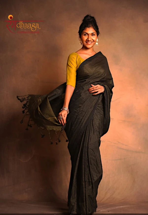 RangDhaaga Black Zari Lining Khadi Cotton Saree