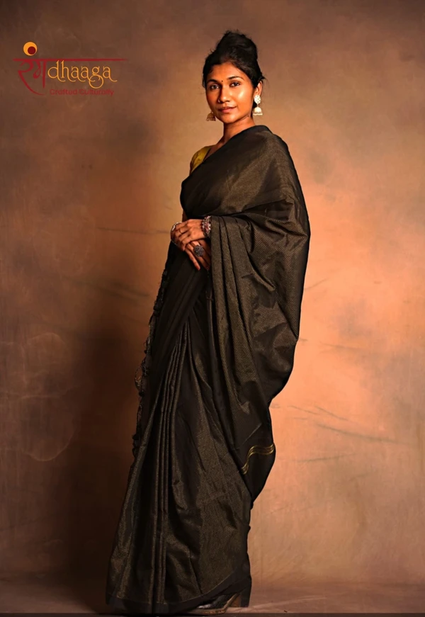 RangDhaaga Black Zari Lining Khadi Cotton Saree