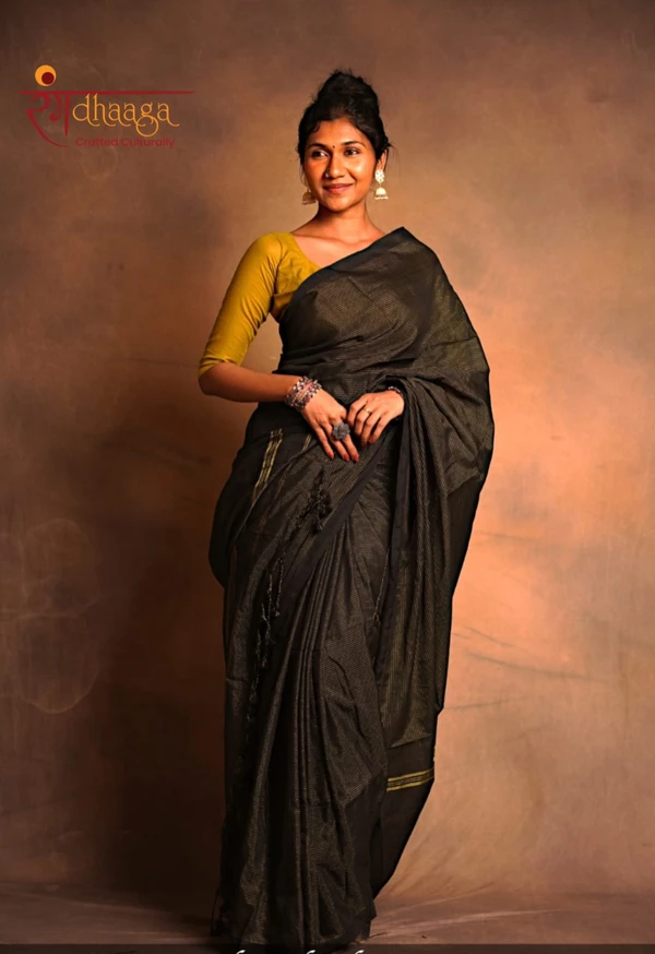 RangDhaaga Black Zari Lining Khadi Cotton Saree