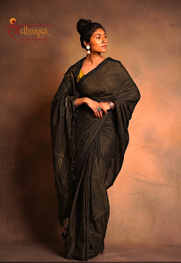 RangDhaaga Black Zari Lining Khadi Cotton Saree