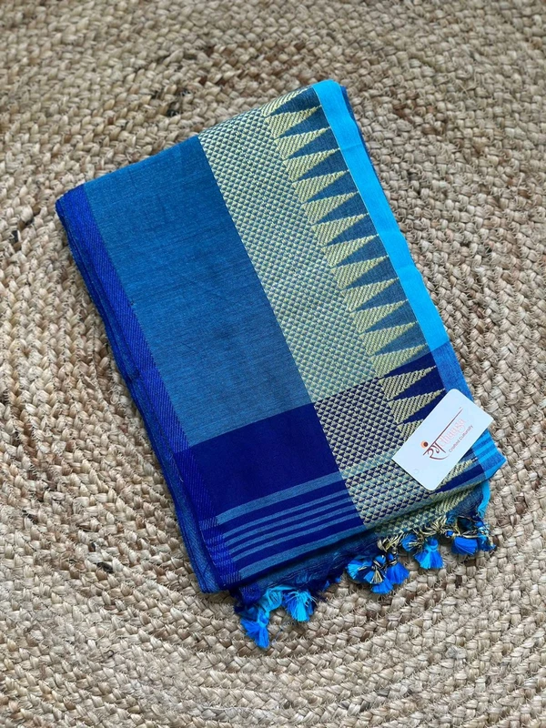 RangDhaaga Aqua Blue With Navy Blue Temple Border 