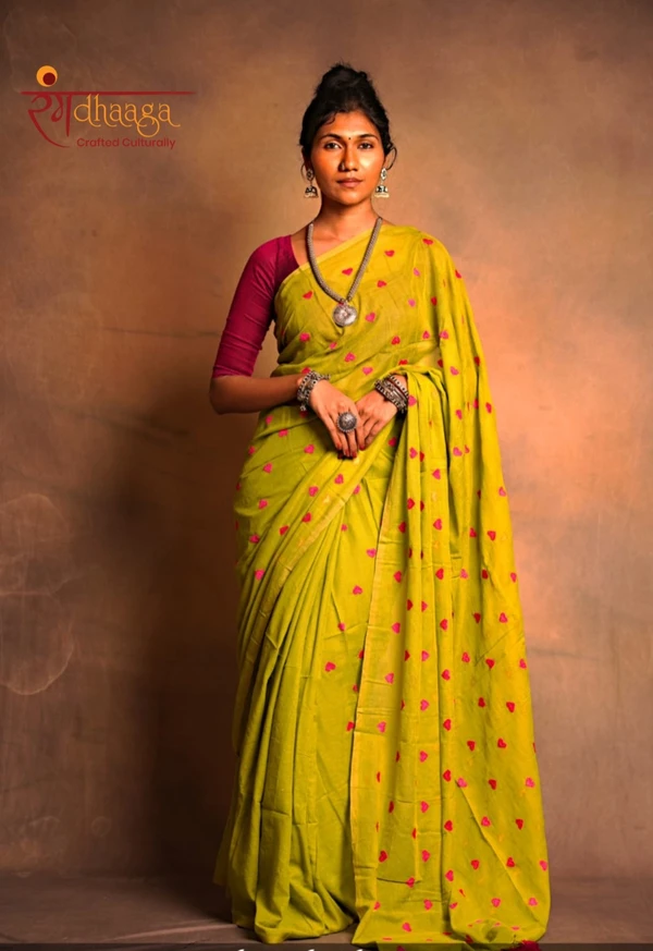 RangDhaaga Apple Green Heart Embroidery Saree