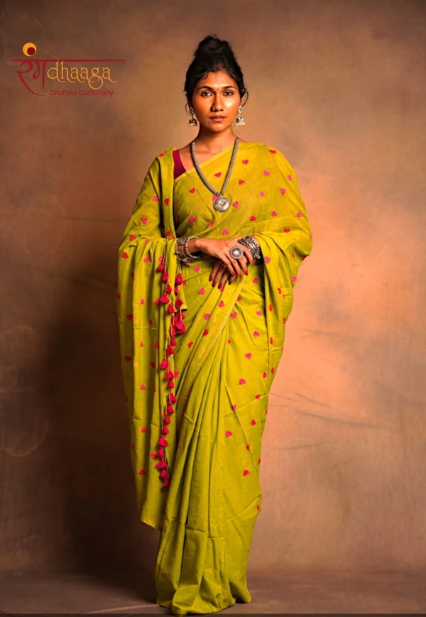 RangDhaaga Apple Green Heart Embroidery Saree