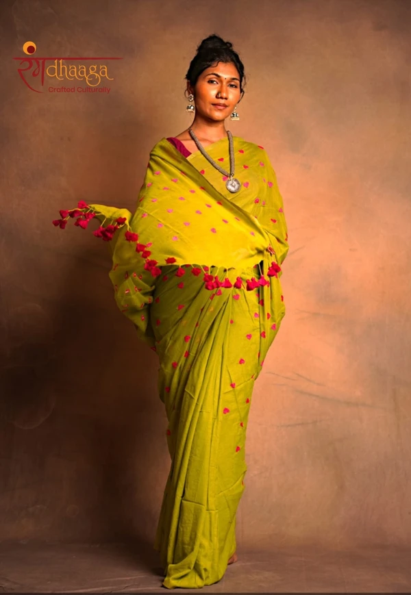 RangDhaaga Apple Green Heart Embroidery Saree