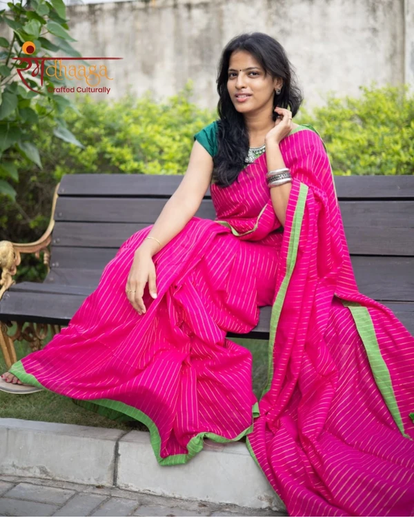 RangDhaaga Zari lining saree pink and apple green border