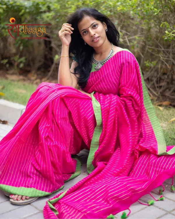 RangDhaaga Zari lining saree pink and apple green border