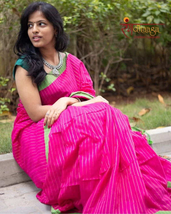 RangDhaaga Zari lining saree pink and apple green border