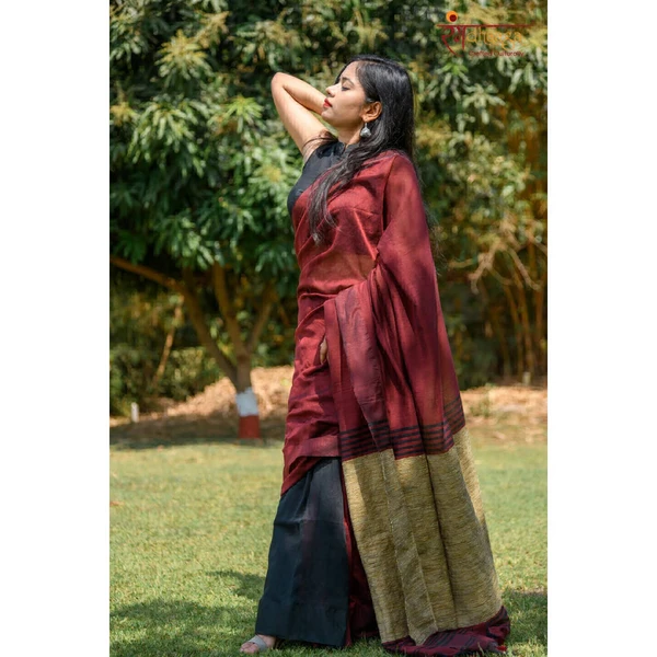 RangDhaaga Khadi Saree Maroon With Black