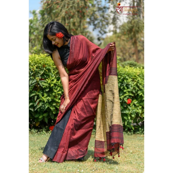 RangDhaaga Khadi Saree Maroon With Black