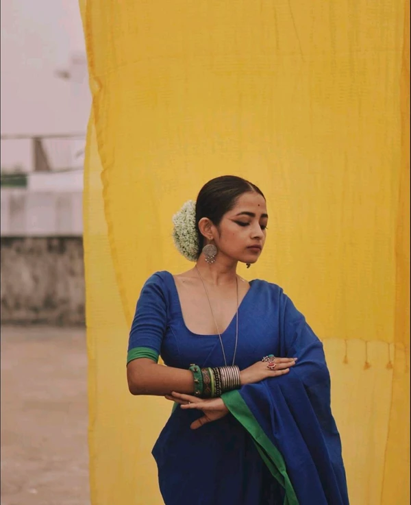 RangDhaaga Khadi Saree Blue With Light Green Border