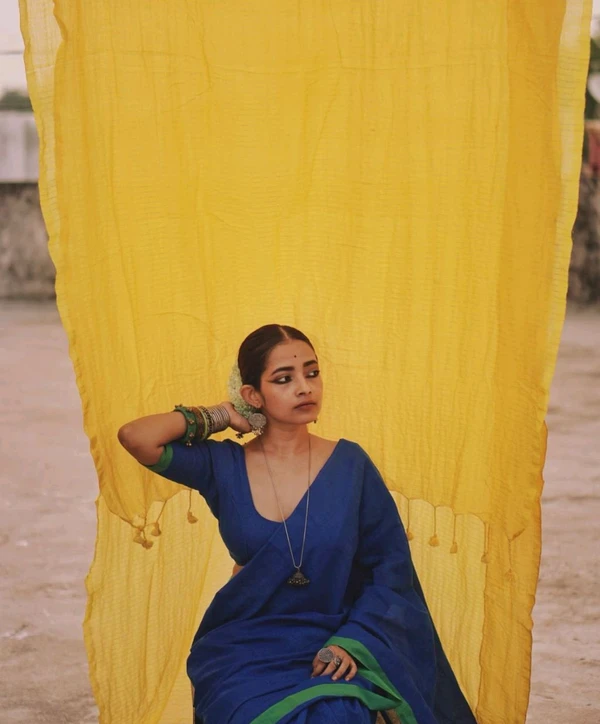 RangDhaaga Khadi Saree Blue With Light Green Border