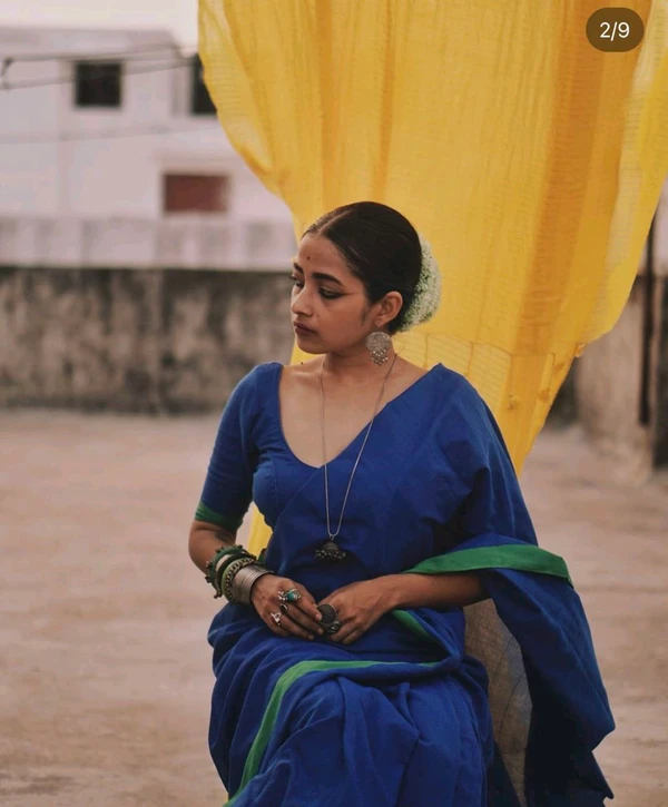 RangDhaaga Khadi Saree Blue With Light Green Border