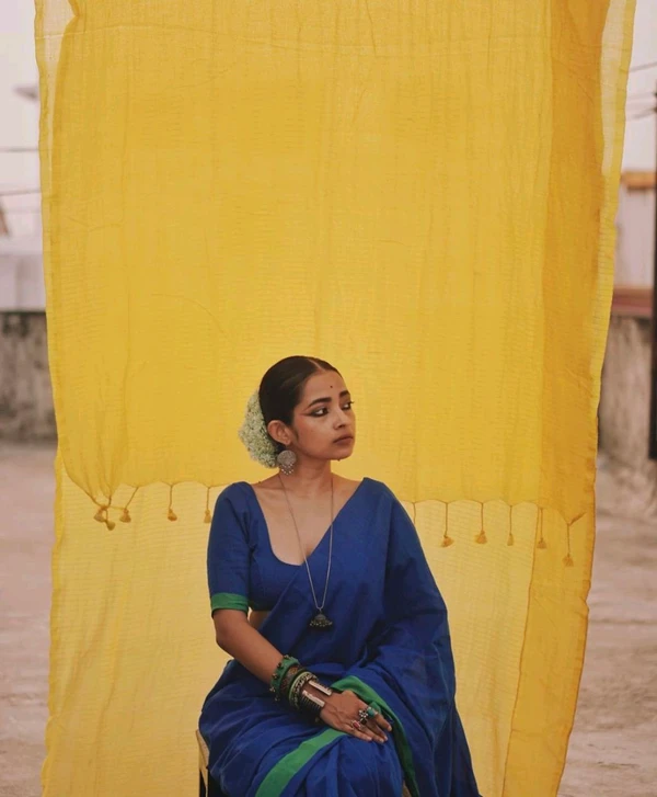 RangDhaaga Khadi Saree Blue With Light Green Border