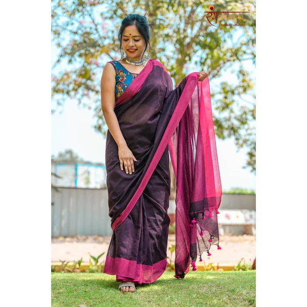 RangDhaaga Khadi Saree Brown With Contrast Pink Border 