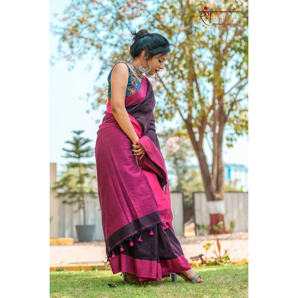 RangDhaaga Khadi Saree Brown With Contrast Pink Border 