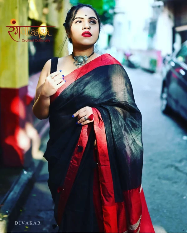 RangDhaaga Cotton Silk Black & Red Saree