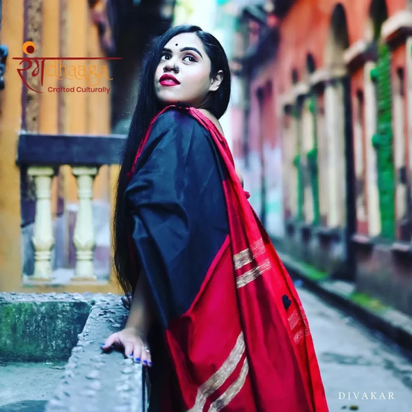 RangDhaaga Cotton Silk Black & Red Saree