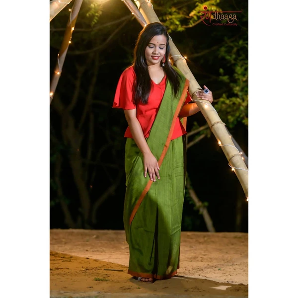 RangDhaaga Khadi Saree Green & Light Red