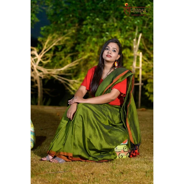 RangDhaaga Khadi Saree Green & Light Red