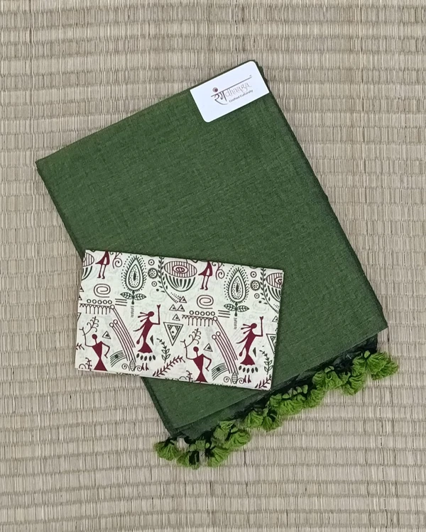 RangDhaaga Mehndi Green Handloom Saree With Designer Blouse