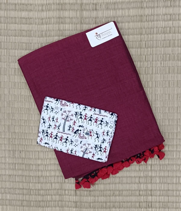 RangDhaaga Maroon Handloom Cotton Saree With Designer Blouse