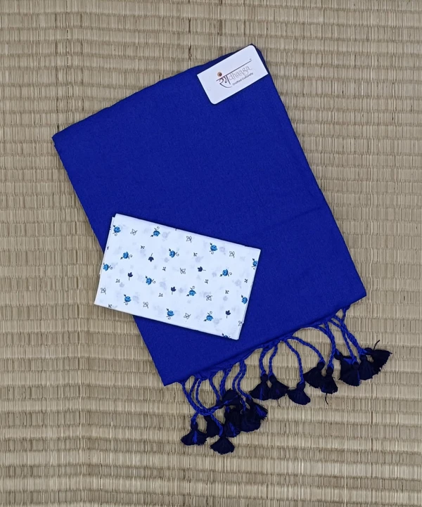 RangDhaaga Royal Blue Handloom Cotton Saree With Designer Blouse
