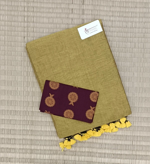 RangDhaaga Mustard Handloom Cotton Saree With Designer Blouse