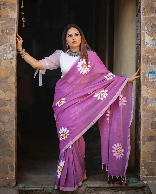 Lilac Floral Hand Painted Saree