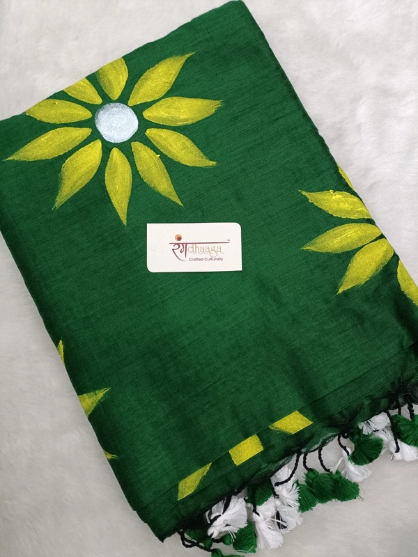Rangdhaaga  Dark Green Floral Hand Painted Saree